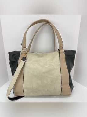 Darcy Marks London Black Beige Cream Vegan Leather Colorblock Tote Bag